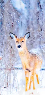 Deer standing in a snowy forest with falling snowflakes