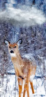 Deer standing in snowy forest with snowfall.