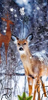 A deer standing in a snowy forest with decorative snowflakes.