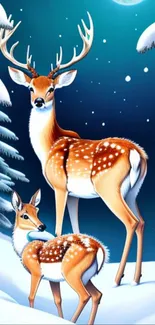 Two deer in a snowy, moonlit forest scene.