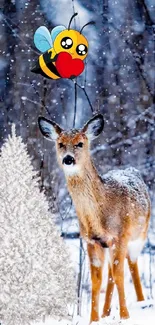 Deer in snowy forest with cartoon bee.