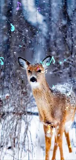 Deer in snowy forest with colorful music notes on a winter day.