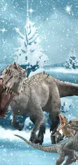 Dinosaurs in a snowy, enchanted winter landscape.