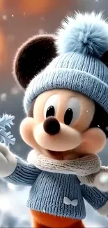 Disney character in blue winter attire holding a snowflake.