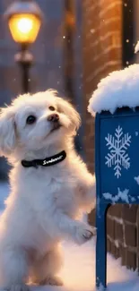 Fluffy white dog by snowy blue mailbox with streetlamp glow.