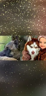 Person with dogs in a snowy background highlighted by golden sparkles.