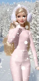 Doll in pink outfit with earmuffs in snowy forest.