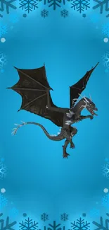 Fantasy wallpaper with dragon and snowflakes on a blue winter background.