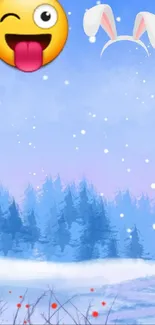 Whimsical winter scene with emoji and snowy landscape on mobile wallpaper.