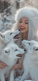 Woman in white with Arctic foxes in snowy forest.