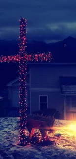 Winter evening scene with cross lights in snow.