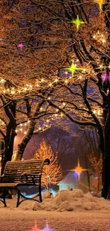 Snowy park with golden lights glowing on trees and benches.