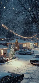 Snow-covered street with holiday lights on winter evening.