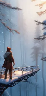 Winter explorer stands on platform overlooking serene snowy forest.