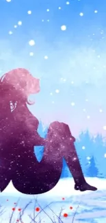 Silhouette of a fairy in a snowy winter forest with a starlit sky.