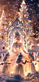 Enchanting winter queen with fairy creatures in a snowy wonderland.