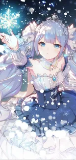 Anime character with snowflakes in a winter fantasy setting.