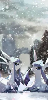 Anime creatures in a snowy winter forest setting with falling snowflakes.