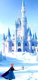 Enchanting winter castle with snow and blue sky in mobile wallpaper.