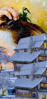 Whimsical winter scene with snow-covered cottage and abstract art portrait.