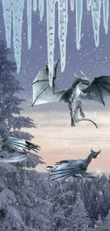 Dragons fly over snowy trees in a serene winter landscape.