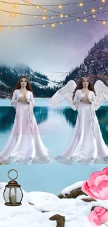 Winter landscape with angels by a snowy lake and mountains.