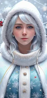 Fantasy winter portrait of a woman with silver hair in a cozy hood.