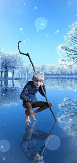 Fantasy figure in snowy winter landscape with reflection.