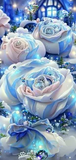 Winter fantasy wallpaper with blue and white roses.