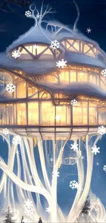 Magical treehouse lit in winter snow with a blue night background.