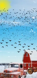 Snowy farm scene with red barn, vintage truck, and birds under a blue sky.