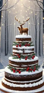 Festive cake with reindeer topper in a snowy, illuminated forest setting.