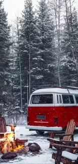 Snowy forest with red van and campfire setup.