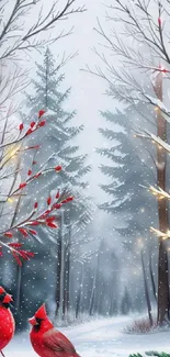 Winter scene with cardinals and snow in a serene forest setting.