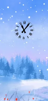 Winter forest wallpaper with a floating clock in a tranquil sky.