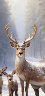 Deer family in a snowy winter forest scene on mobile wallpaper.