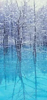 Winter forest with snow and blue lake reflection wallpaper.