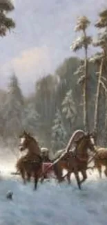 Serene winter forest with horses pulling a sleigh through snow-covered trees.