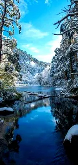 Snowy forest with a serene blue lake under a bright sky.