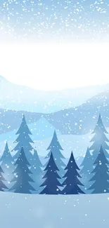 Winter forest wallpaper with snow-covered trees and soft blue mountains.