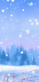 Winter forest with pastel sky and falling snowflakes, mobile wallpaper.