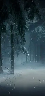 Dark green forest with falling snowflakes.