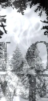 Snowy forest with artistic text overlay in grayscale.