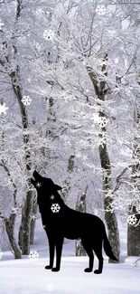 Wolf silhouette in snowy forest under a winter sky.