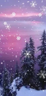 Winter forest wallpaper with snowflakes and purple sky.