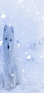 Arctic fox in snowy landscape with gentle falling snowflakes.