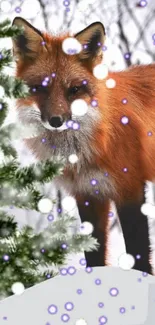 Fox in a snowy forest with falling snowflakes