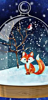 Fox in a snow globe with winter scene and blue background.