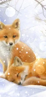 Two foxes resting in a snowy, serene winter landscape, surrounded by snowflakes.