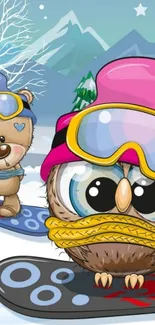 Cute cartoon owl and bear snowboarding in winter wallpaper.